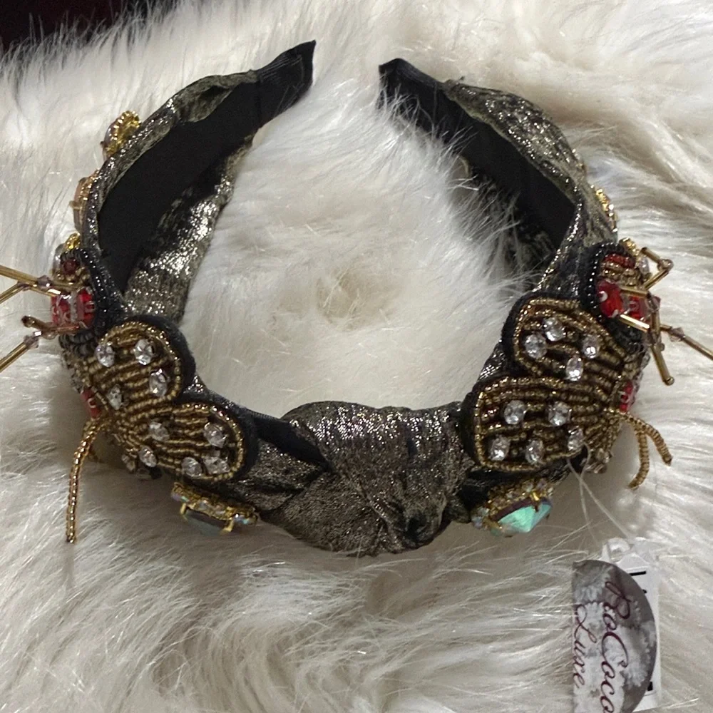 NWT headband beaded butterfly butterflies crystals adornment costume party gold‎